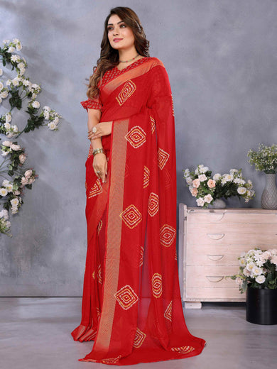 Charming Red Shibori Printed Chiffon Traditional Saree